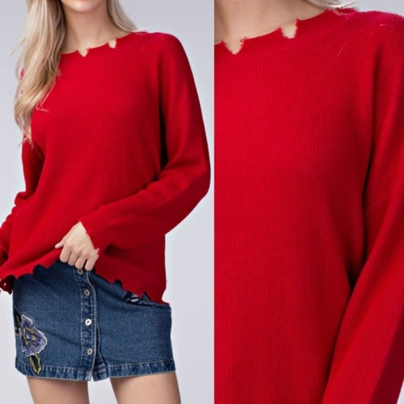 Amor Distressed Edge Sweater (RED) - Picture 1 of 5